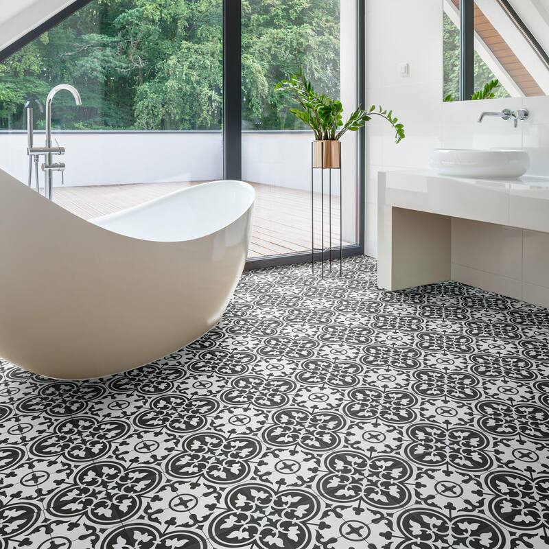 Merola Tile Arte Clover Black 9-3/4" x 9-3/4" Porcelain Floor and Wall Tile - Case (16 Tiles)