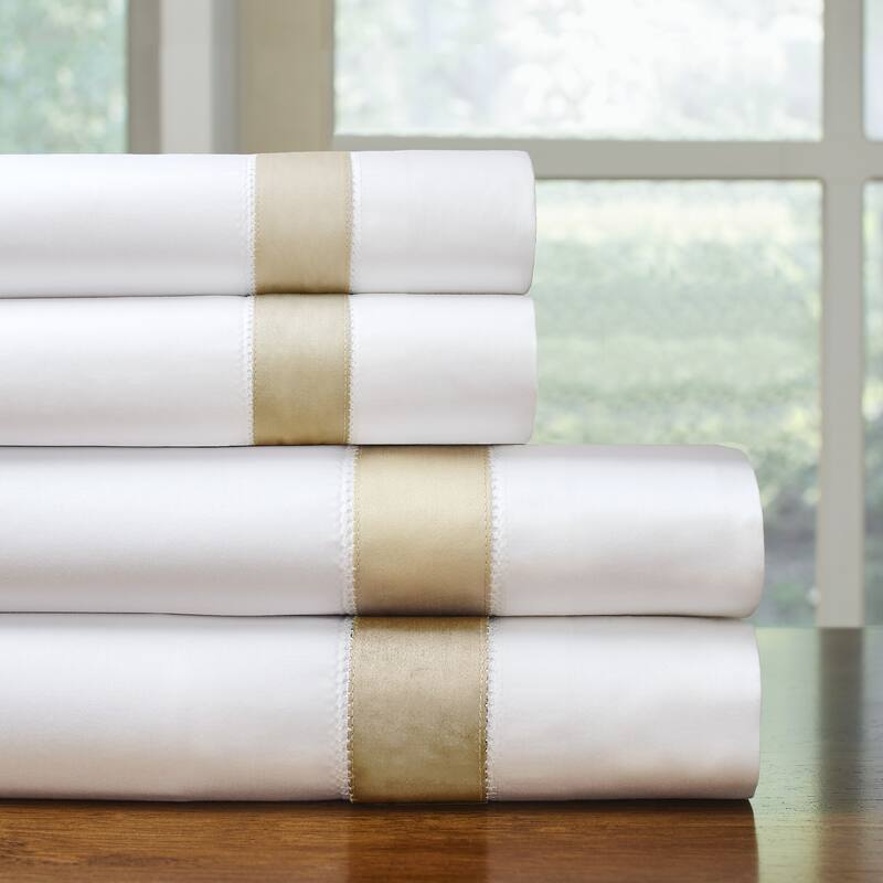 Pointehaven 525 Thread count Long staple cotton extra deep pocket Bordered Hem 4 pc sheet set - King - White with Champagne