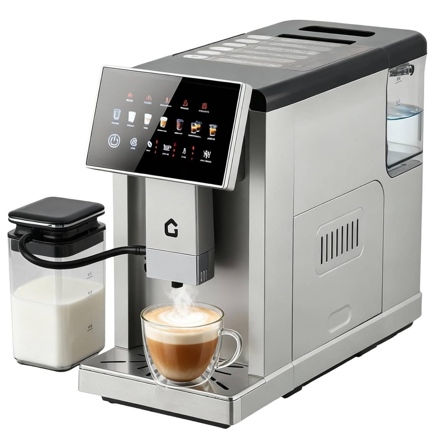 Garvee Upgraded One-Touch Coffee Maker, Automatic Espresso Coffee Machine with Built-in Grinder & Milk Frother, Silver