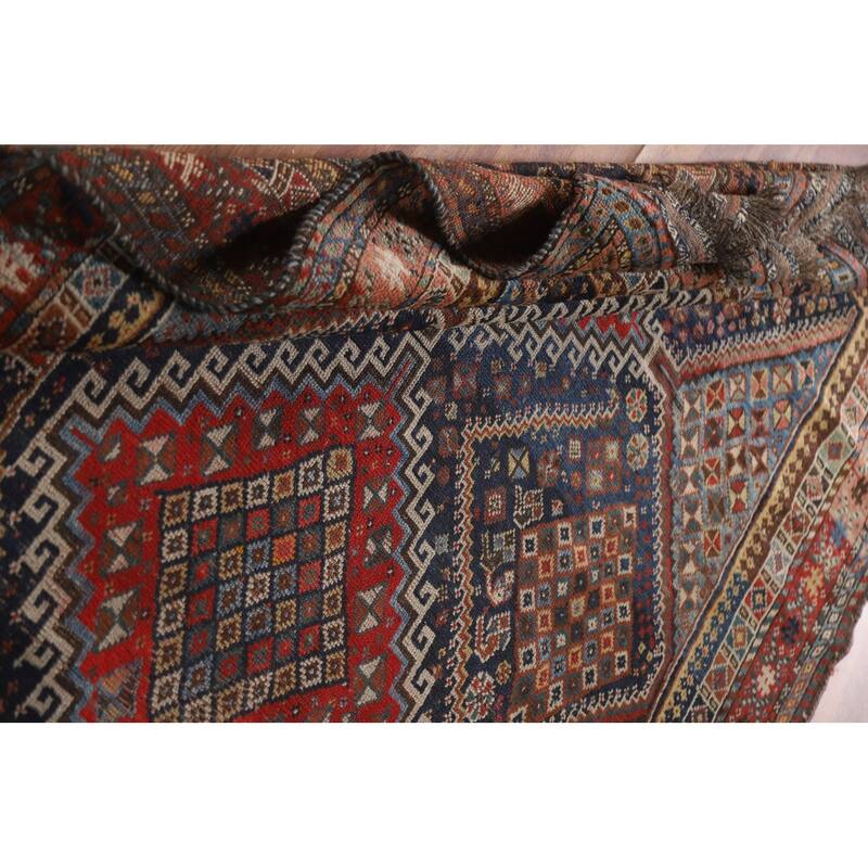 Pre-1900 Antique Blue Qashqai Persian Area Rug Handmade Wool Carpet - 5'1"x 7'8"