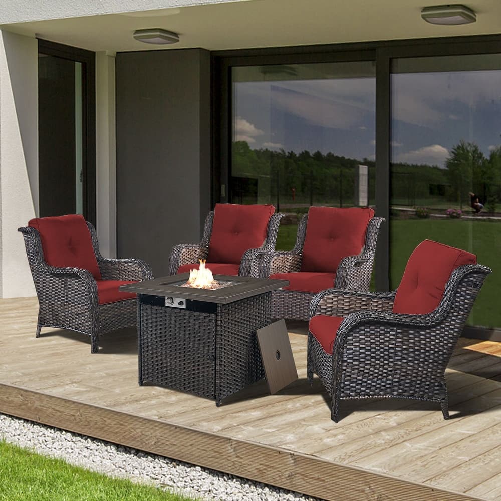 Gymojoy 5-Piece Outdoor Wicker Patio Furniture with Fire Pit Table, Rattan Coversation Set with Water Resistant Thick Cushions