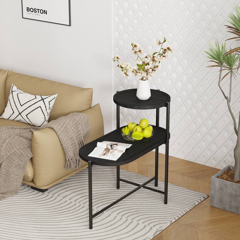 2 Tier Oval End Table Sofa Side Table Modern Home Storage Stand Wood Side Cabinet Narrow Side Coffee Table with Storage Tray