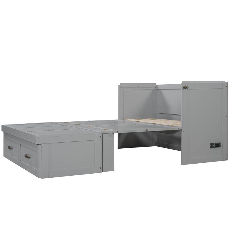 Full Size Space-Saving Design Murphy Bed with USB Ports, Large Drawers and Metal Handles