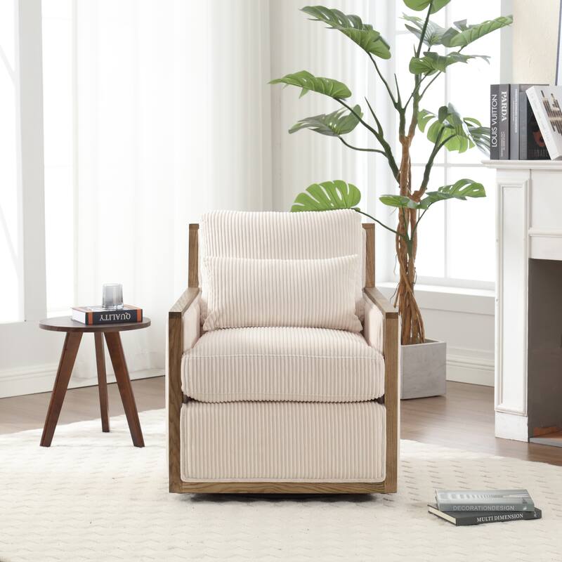 Corduroy Barrel Chair, High Back Comfy Accent Sofa Chair 360 Degree Swivel Barrel Arm Chairs, Leisure Arm Chair for Living Room - Beige