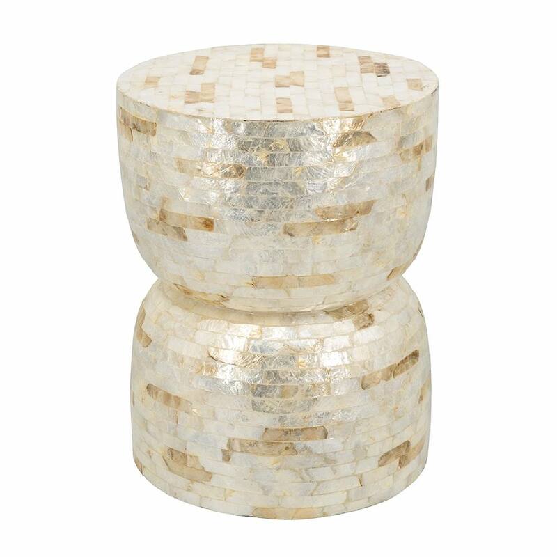 ​Decorative Hourglass Stool - Gold/White Capiz Finish, End Table, Side Table - 14x14x18" - Cream White+Gold - 14x14x18"