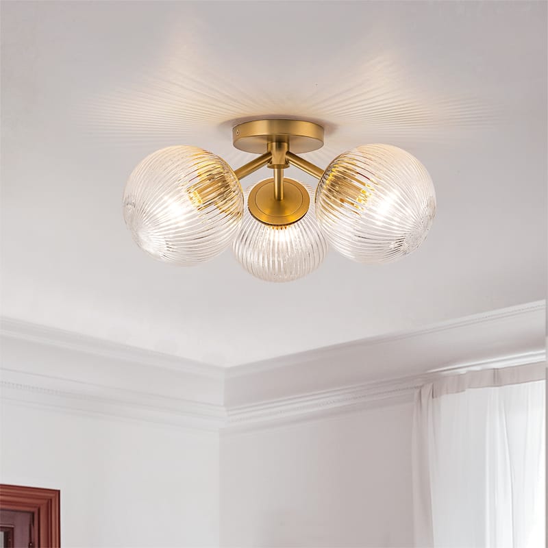 Modern 3-Light Semi Flush Mount With Opal Glass Shade - 18.12 in. - Gold&Ribbed Glass