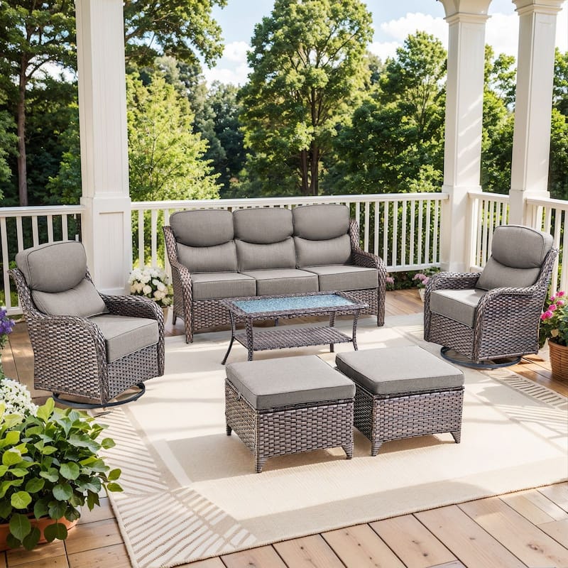 Outdoor Patio Sofa Swivel Chair with 6-Inch Thick Cushions Set - Brwon Wicker Grey Cushion - 6PCS Sofa w/ Swivel Chair Table Ottoman