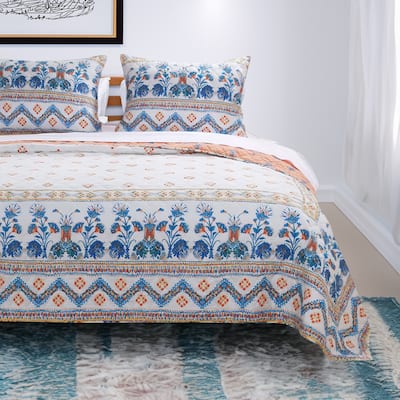 Foulard Fabric Twin Size Quilt Set On Ivory Base Multicolor
