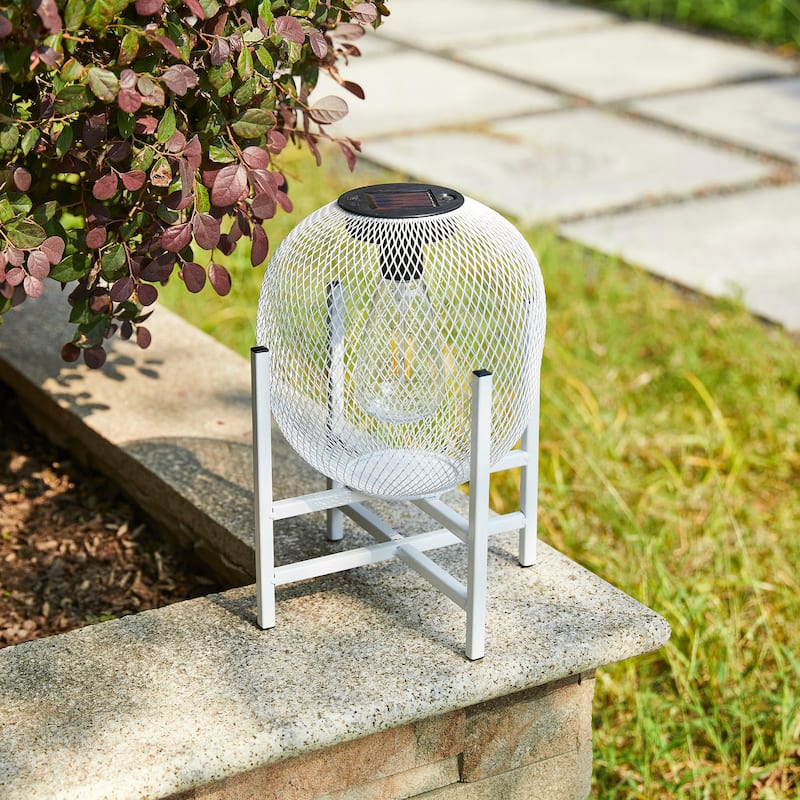 Glitzhome White Metal Outdoor Solar Lantern with Stand (Set of 2)