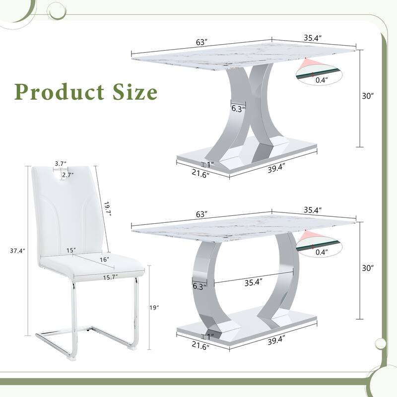 Minimalist Dining Table and Chairs Set for 6, 7-Piece Dining Table Set with White PU Chairs for Dining Room