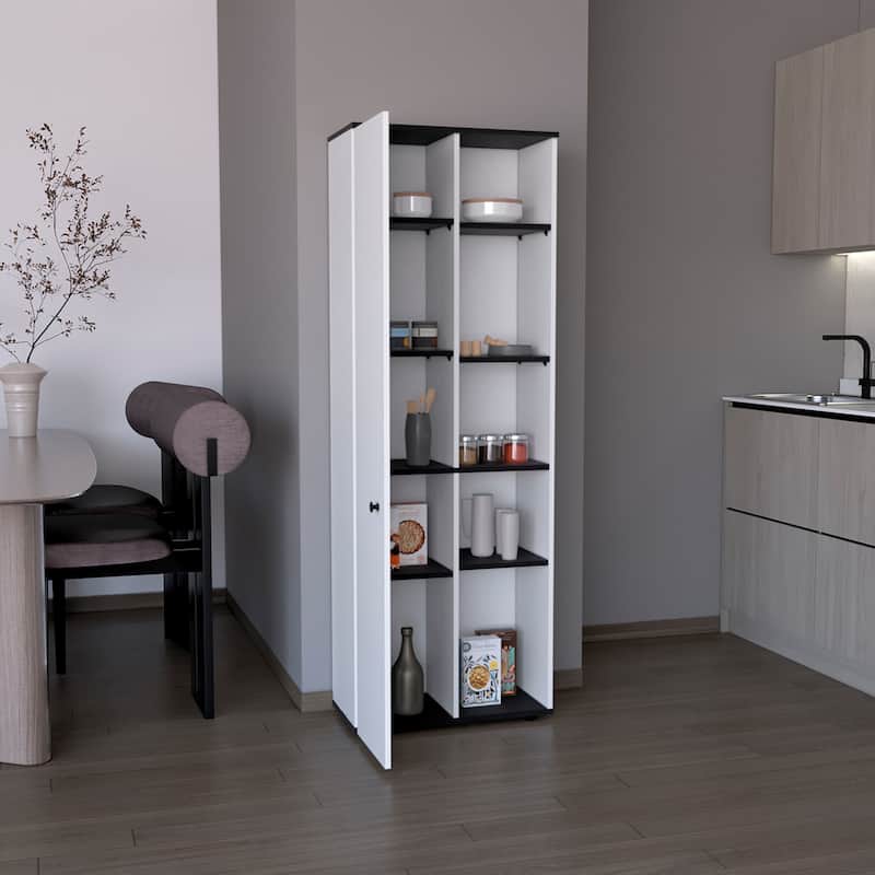 DEPOT E-SHOP Cary 67" H Kitchen Storage Cabinet With One Door, Five Interior Shelves and Five Exterior Shelves,White/Black