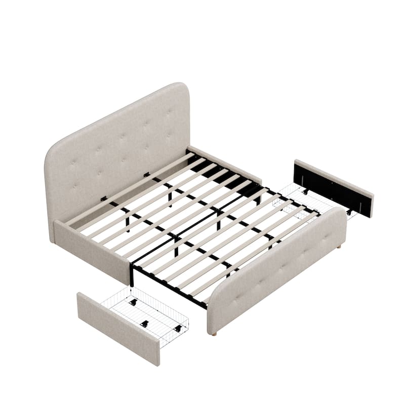 King Size Beige Linen Upholstered Platform Bed Tall Tufted Headboard & High Footboard Minimalist Storage Bed Frame w/Drawers