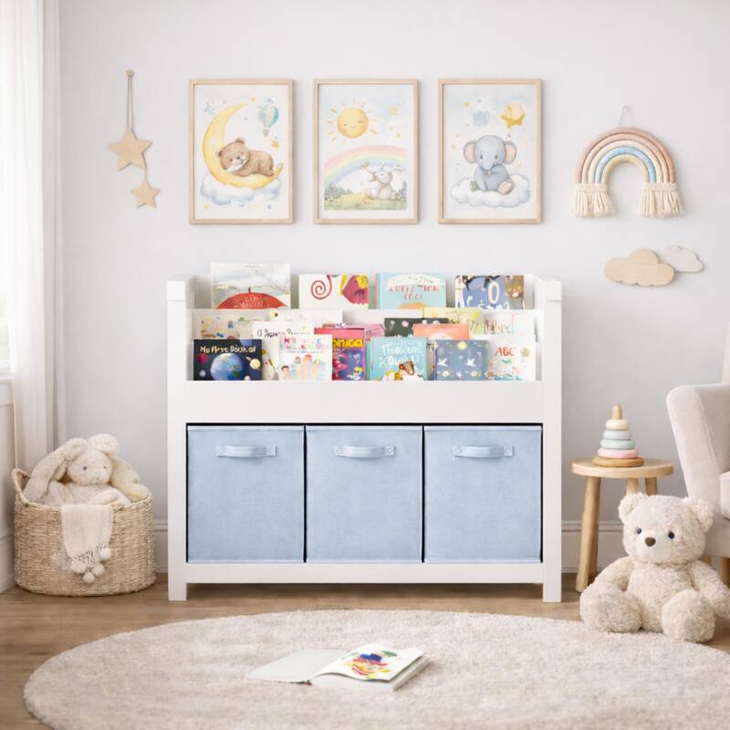 Anmytek White Kids Bookshelf with 3 Light Blue Fabric Bins - Wooden Book and Toy Storage Organizer with Tiered Display - White+blue