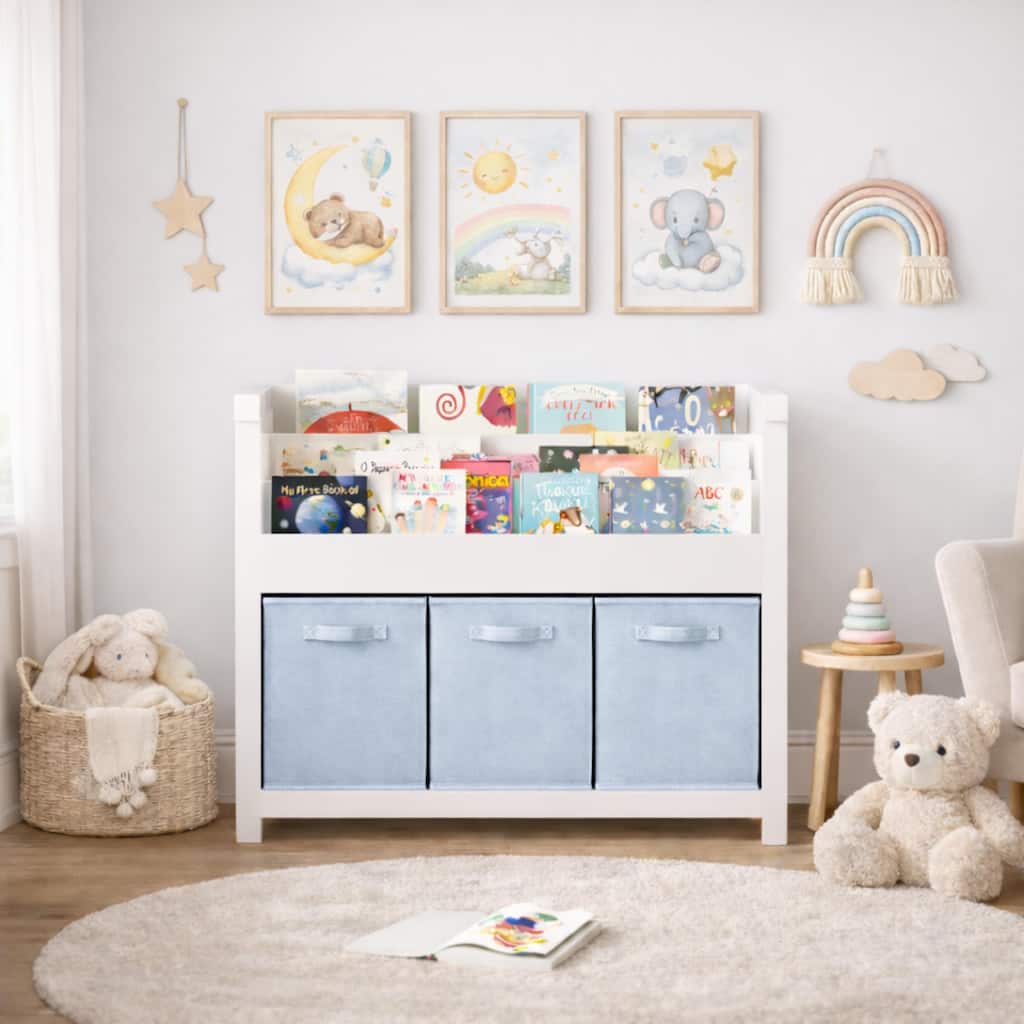 Kids Bookshelf with 3 Tier Front-Facing Storage and 3 Fabric Bins
