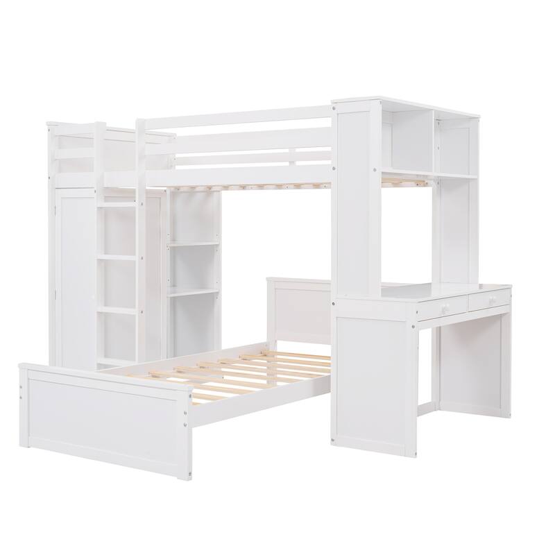 Space-Saving Twin Loft Bed with Desk, Shelves, Wardrobe, and Additional Bed