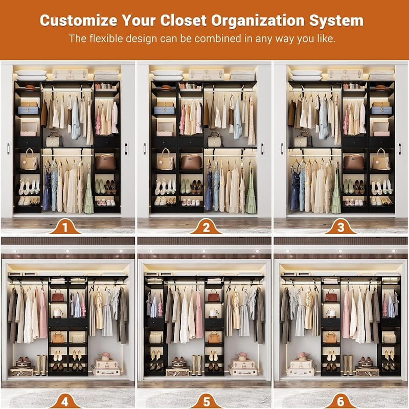 58" W - 90" W Closet System with 3 Hanging Rods and Shelves,Walk in Closet Organizer with 2 Drawers & Shoe Rack,Closet Wardrobe