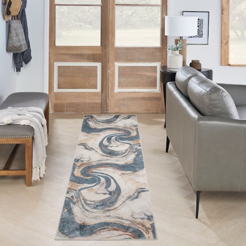 Nourison Astra Machine Washable Indoor only Abstract Area Rug - Ivory/Blue - 2' 2" x 8'