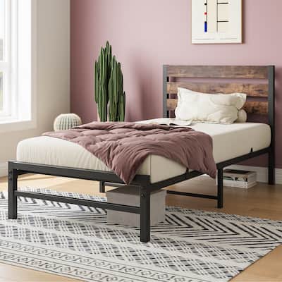 Black Rustic Twin Platform Bed Frame with Wood and Metal, Vintage Headboard, and Strong Slats