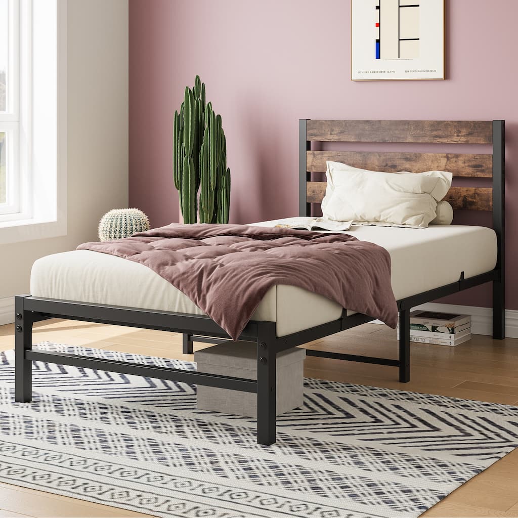 Industrial Vintage Bed Frame for Twin/Full/Queen Mattress, Strong Metal Slats, Wood Headboard, and Under-Bed Storage