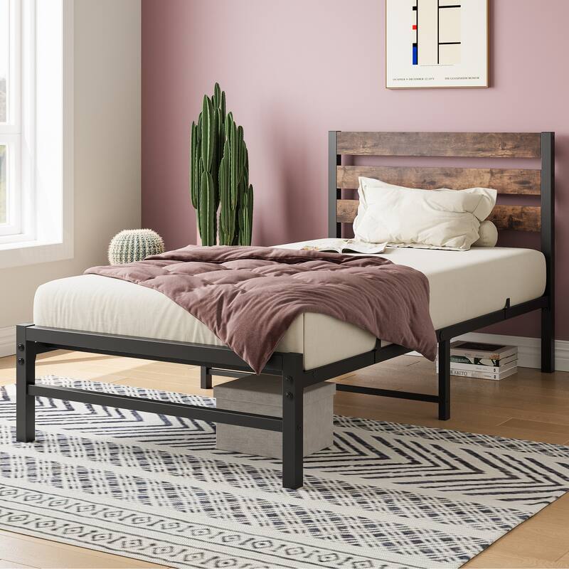 Modern Platform Bed Frame with Rustic Vintage Wood Headboard,No Box Spring Needed