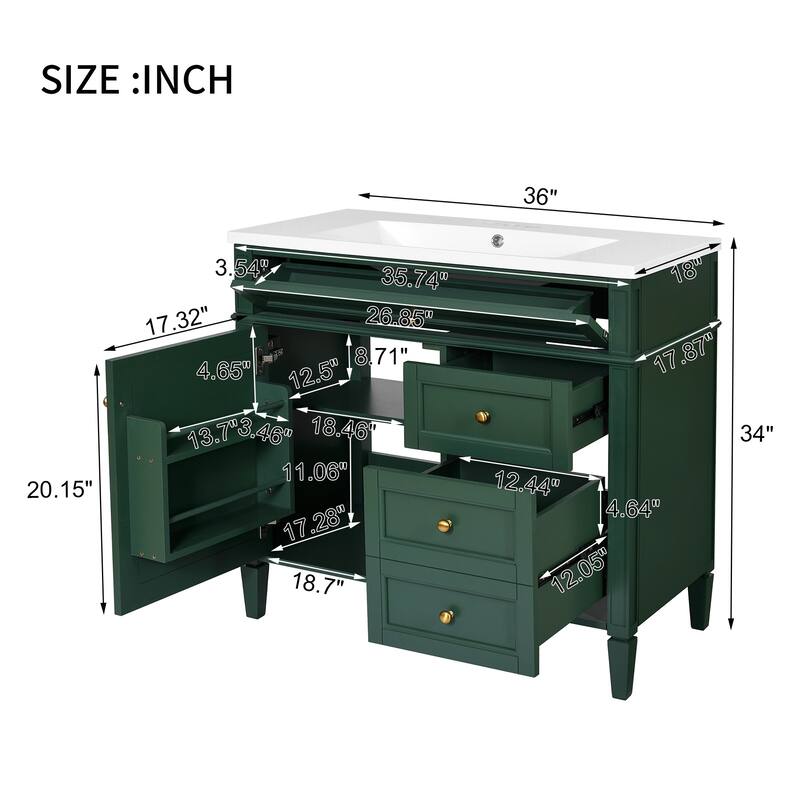36 Inch Bathroom Vanity with Sink, Freestanding Cabinet with 2 Drawers, Tip-Out Drawer, Soft-Close Door & Resin Basin