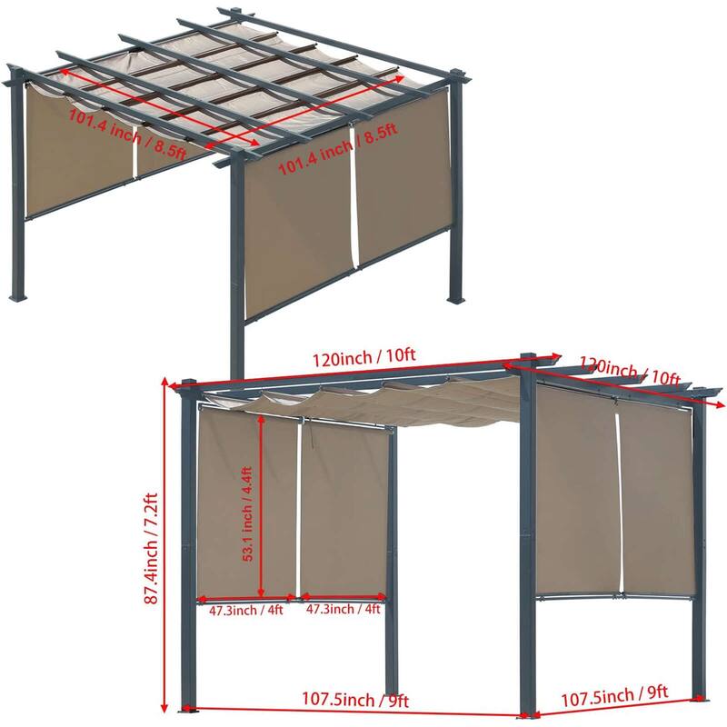 Aoodor 10 x 10 FT Outdoor Pergola with Retractable Shade Canopy, 4 Pieces Roller Shade Curtain