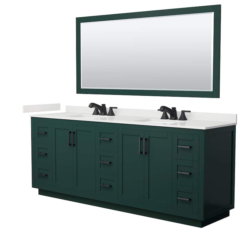 Miranda 84-inch Double Vanity, Quartz Top, 70-inch Mirror - Green, Black Trim, White Quartz Top