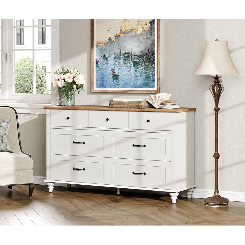 Mid Century Dresser for Bedroom with 7/8 Drawers, Wooden Kids Dresser - Off White - 7-drawer