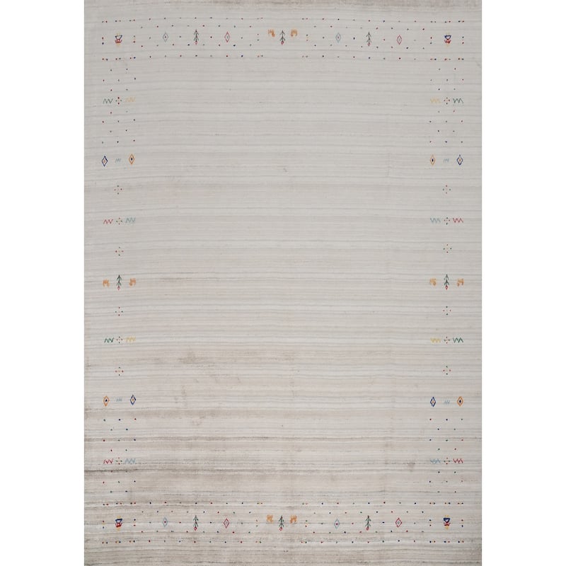 Hand Knotted Oriental Viscose Silk Carpet Tribal Animal Pictorial Beige & Ivories Gabbeh Area Rug - 9' 9'' X 8' 2''