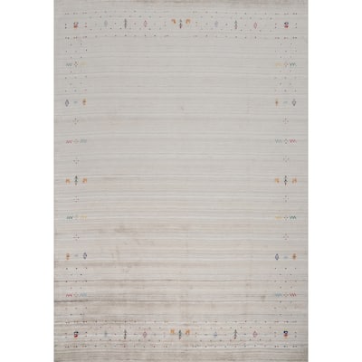 Hand Knotted Oriental Viscose Silk Carpet Tribal Animal Pictorial Beige & Ivories Gabbeh Area Rug - 9' 9'' X 8' 2''