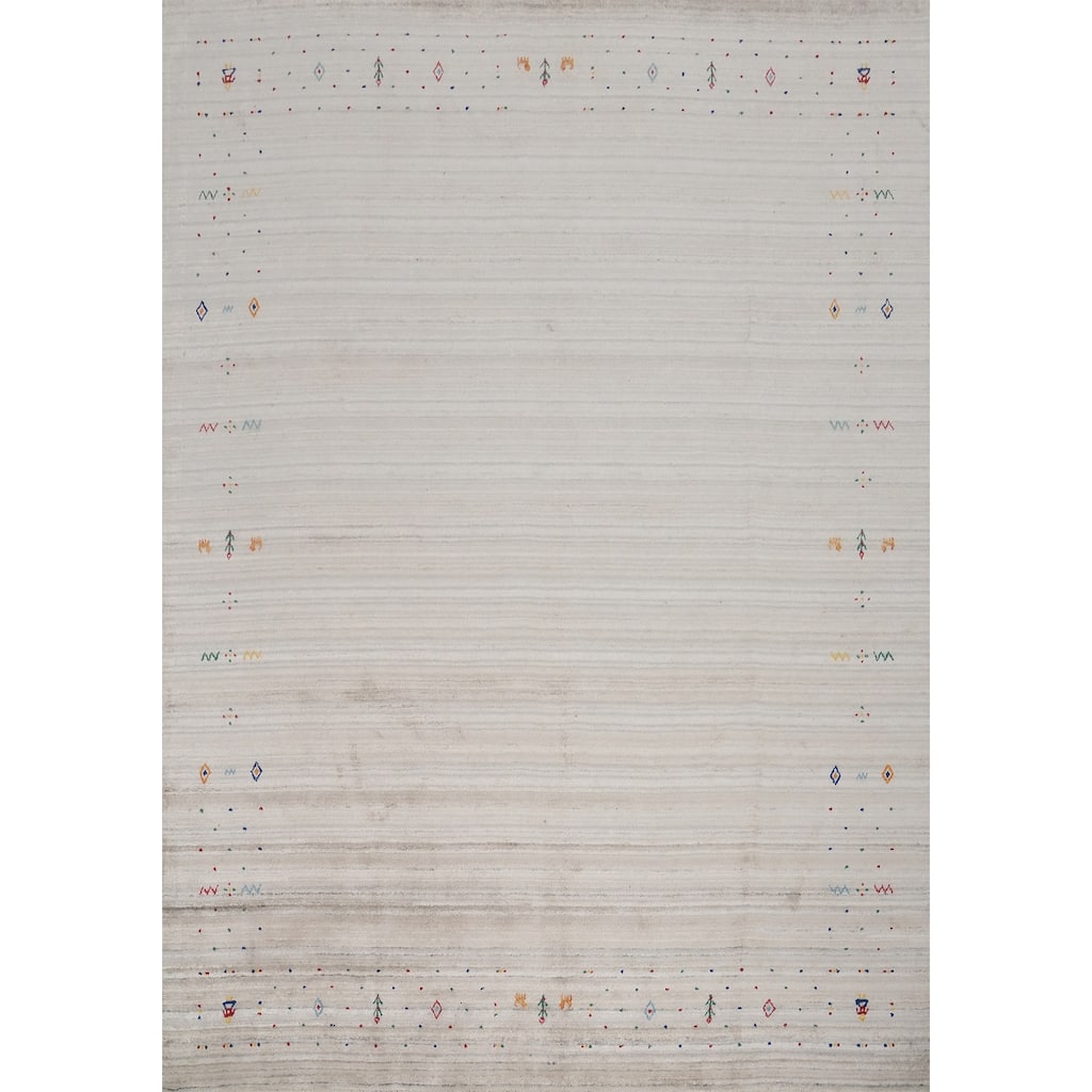 Hand Knotted Oriental Viscose Silk Carpet Tribal Animal Pictorial Beige & Ivories Gabbeh Area Rug - 9' 9'' X 8' 2''