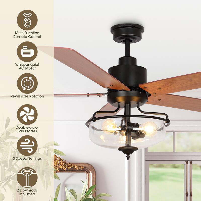 52-in Farmhouse Brown Glass Shade 5-Blade Reversible Ceiling Fan with Light Kit and Remote - 52 Inches
