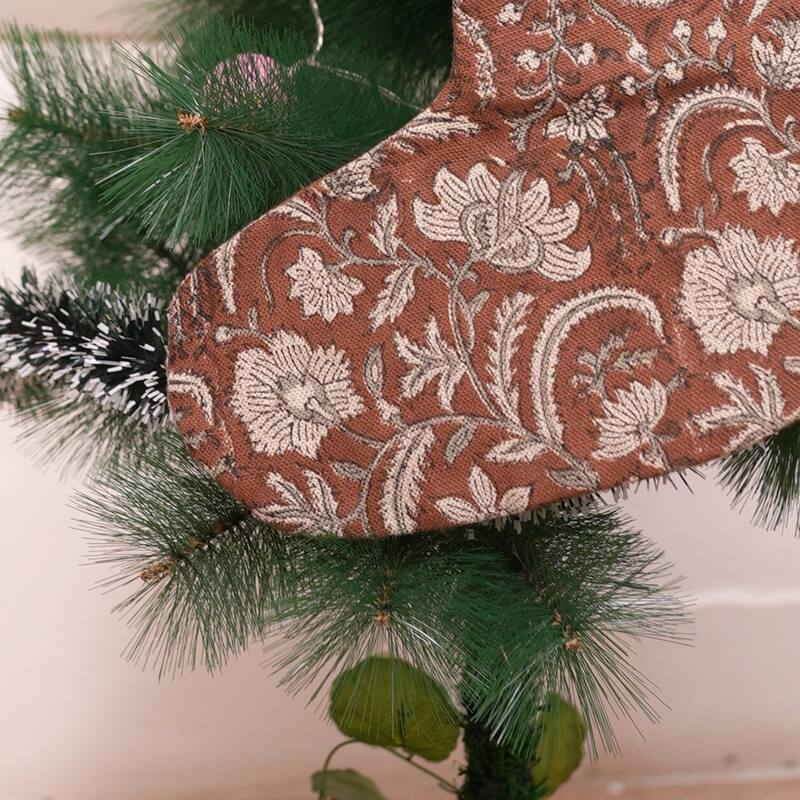 Fabdivine 16x6.5 Inches Hand Floral Block Print Christmas Stockings Tassle and Loop Perfect for Gift - 16"X6.5"