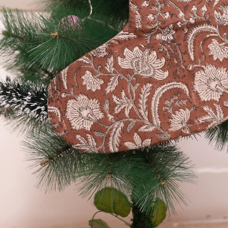 Fabdivine Handmade Christmas Stocking Floral Block Print 10X4.5 Inch Tassel Loop for Home Décor - 10"X4.5"