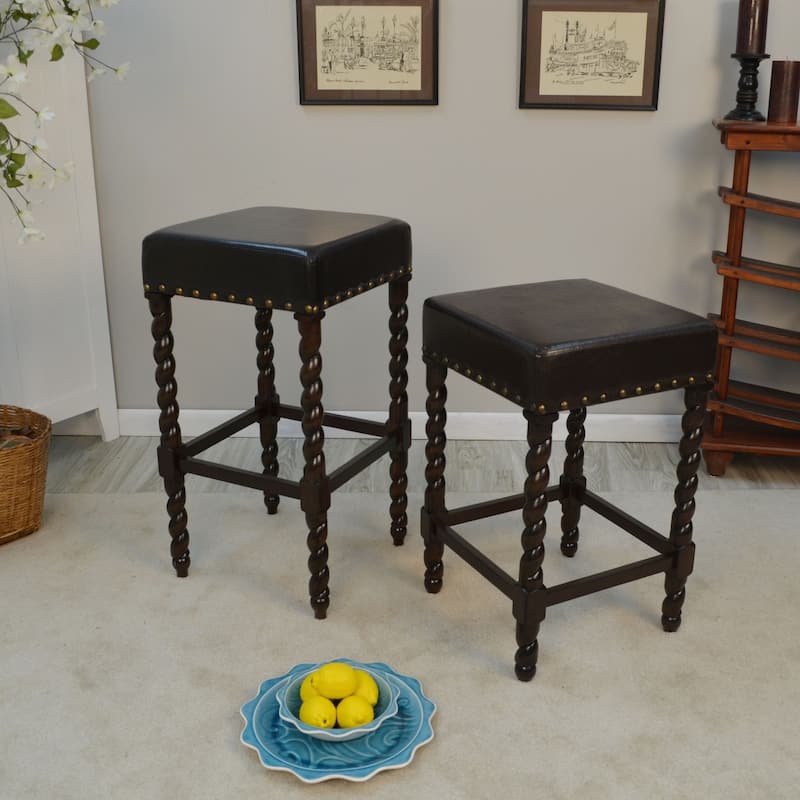 24" Brown Nailhead Trimmed Counter Stool with Barley Twist Legs