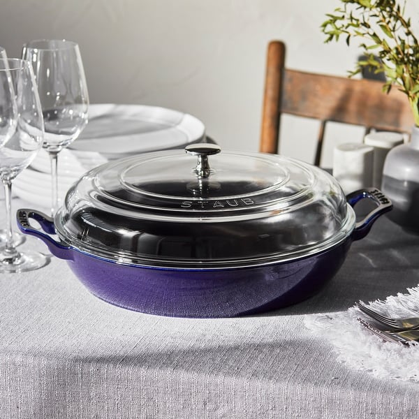 slide 2 of 9, STAUB Cast Iron 3.5-qt Braiser with Glass Lid Dark Blue
