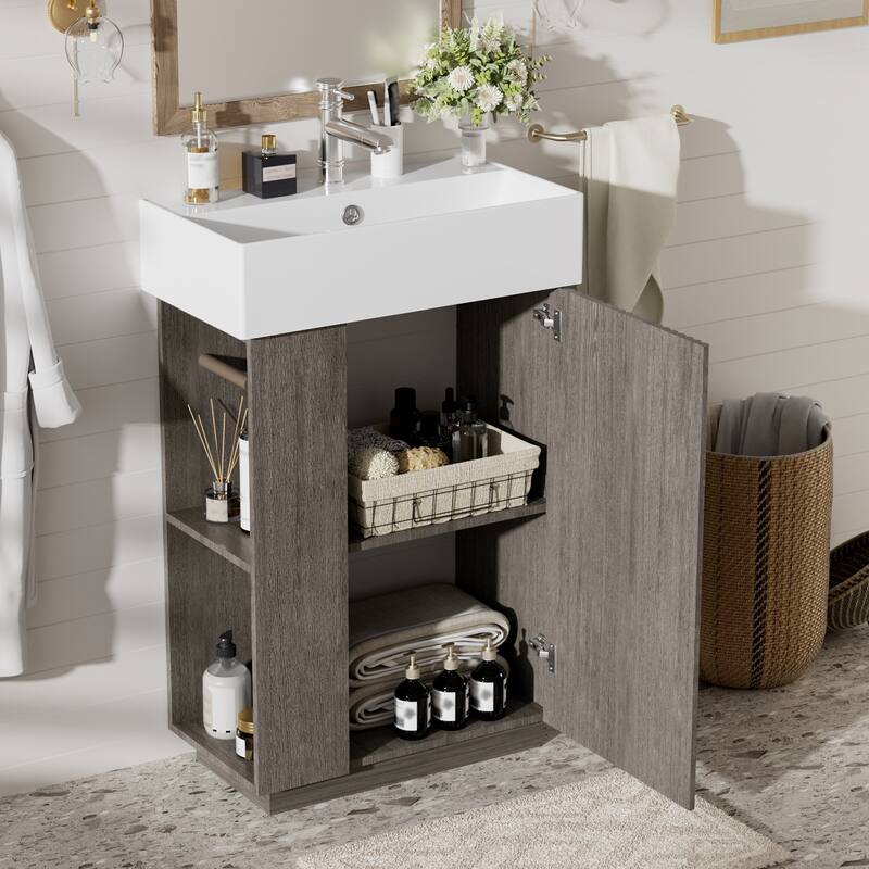 21.6" Bathroom Vanity With Ceramic Sink, Freestanding Modern Right Door Wood Grain Cabinet With Open And Closed Storage