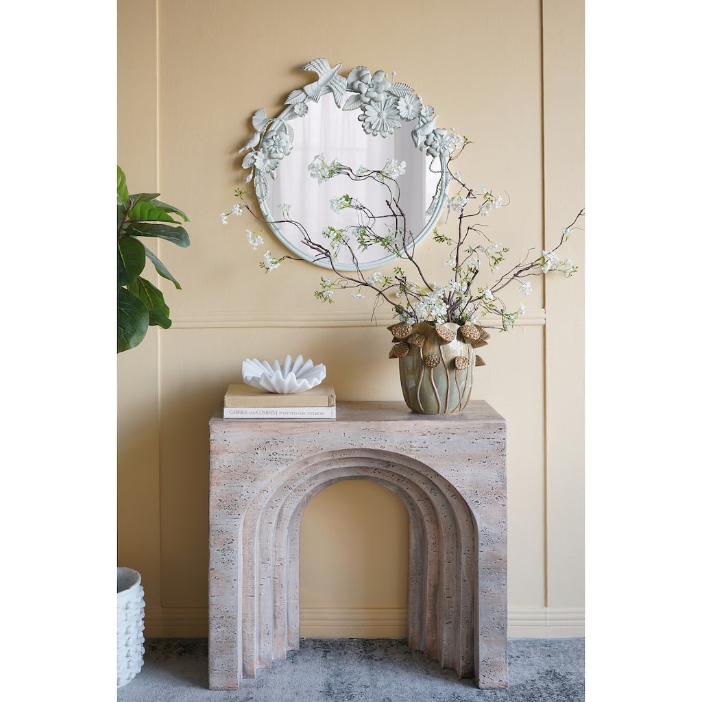 32.3x14.2x29.9" Modern Arched Sculptural Console Table with Beige Faux Travertine Finish