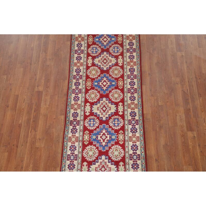Hand Knotted Oriental 100% Wool Carpet Traditional Geometric Red Kazak Runner Rug - 8' 7'' X 2' 8''