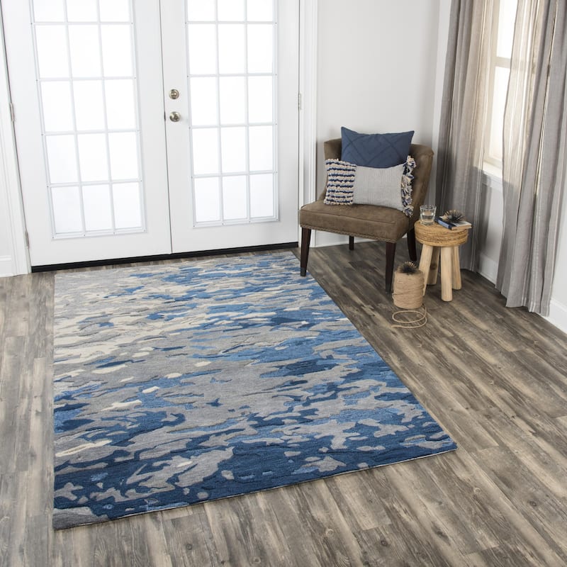 Alora Decor Flare Abstract Blue, Cream, and Grey Hand-tufted Wool Rug - 5' x 8' - Blue