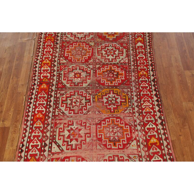 Hand Knotted Oriental 100% Wool Carpet Transitional Geometric Red Anatolian Runner Rug - 9' 9'' X 3' 8''