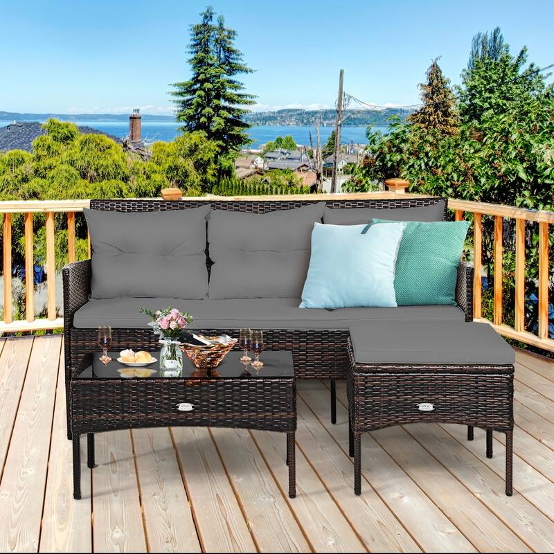 Costway 3PCS Patio Rattan Furniture Set 3-Seat Sofa Cushioned Table - See details