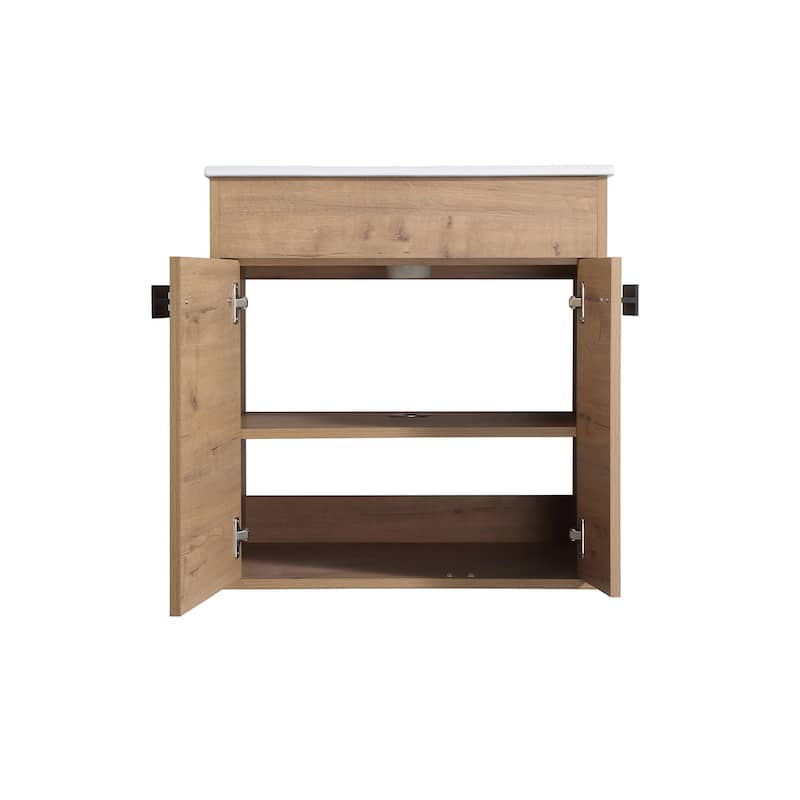 24 inch Plywood Freestanding/Wall Mounted Bathroom Vanity Set with Doors and Shelf and Integrated Ceramic Sink