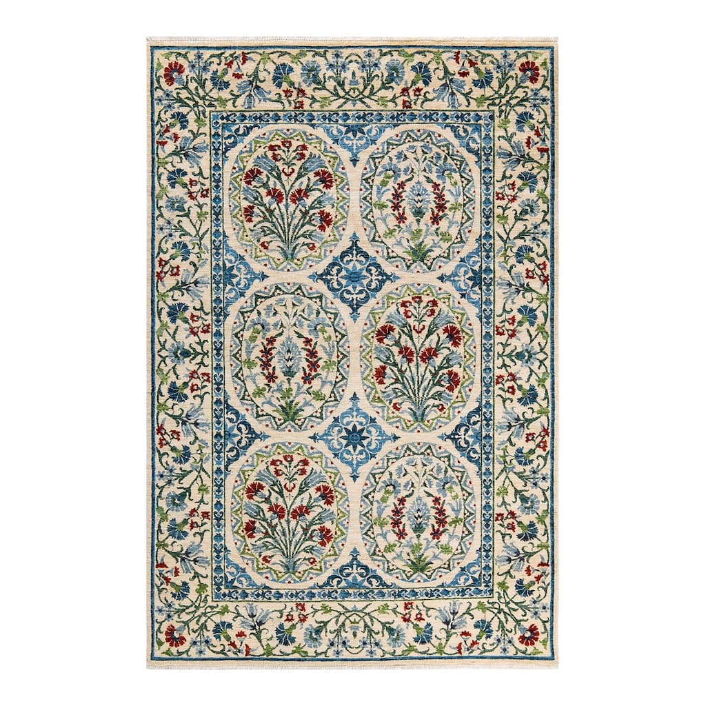 Overton Hand Knotted Wool Vintage Inspired Modern Contemporary Suzani Ivory Area Rug - 6' 2" x 9' 4"