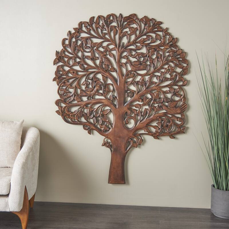 Brown Wooden Carved Tree Home Wall Decor with Animal Accents - Brown - 47"W, 60"H