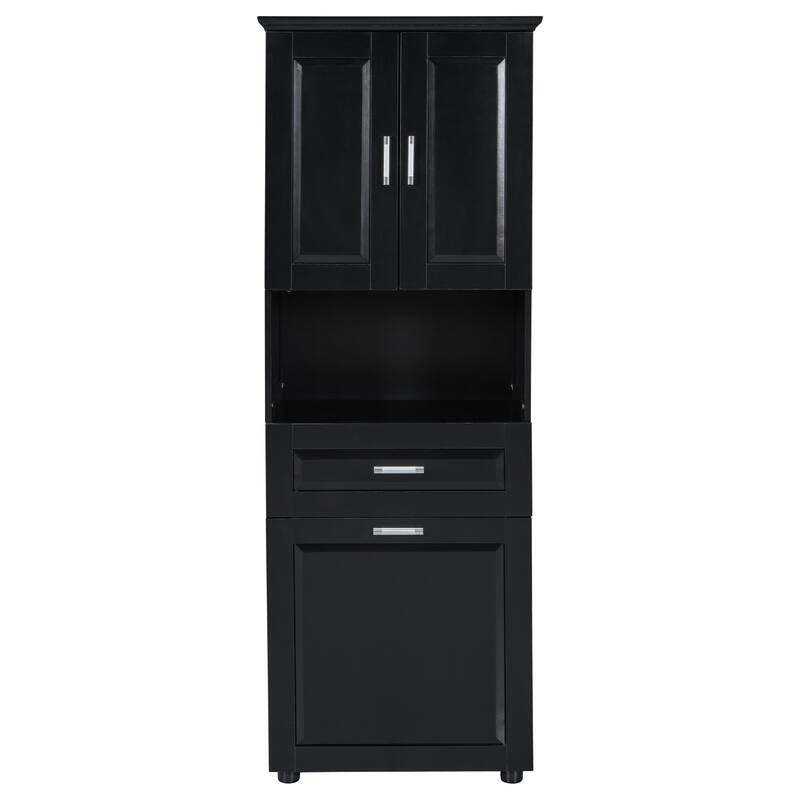 Freestanding Tall Bathroom Double Door Storage Cabinet with Removable Laundry Basket, Open Shelf, Drawer and Adjustable Shelf
