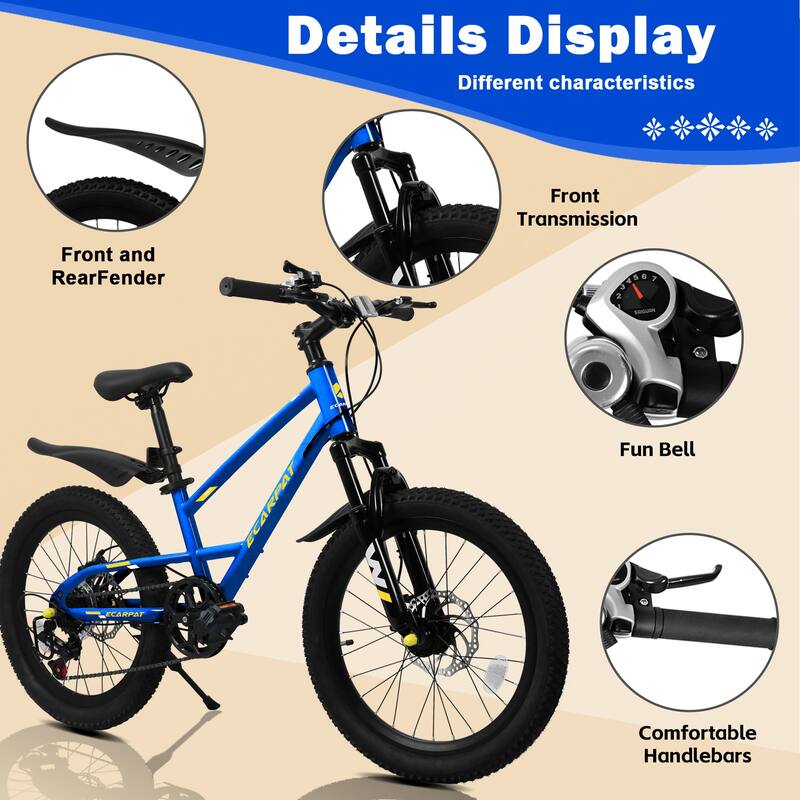 20 inch Mountain Kids Bike for Boys & Girls, Ages 6-12, 7-Speed with Front Suspension