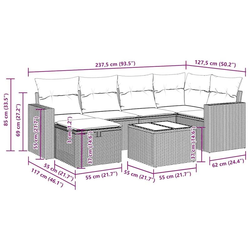 vidaXL Patio Sofa Set with Cushions Outdoor Conversation Furniture Poly Rattan