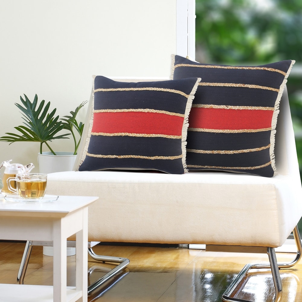 Sevita Soluvia Nautical Red and Blue Striped Cotton & Jute Decorative Throw Pillow - Multiple Sizes, Cover or Pillow with Insert