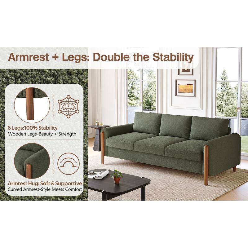 Teddy Velvet Fabric 3 Seater Sofa, Upholstered Sofa with Curved Armrest, Lounge Sofa Chair with Solid Wood Legs